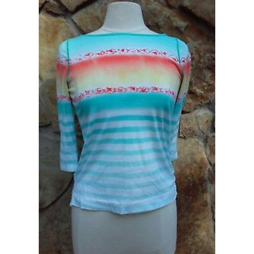 Lauren Ralph Lauren Aqua Stripe Short Sleeve Tee with Coral and Yellow Accents